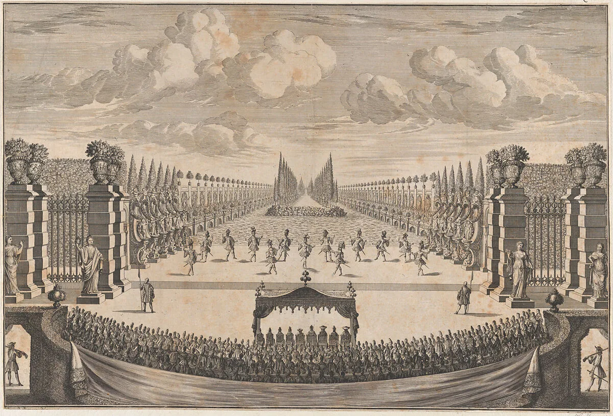 The royal family sitting under a canopy, watching dancers perform the final ballet of 'La Costanza d'Ulisse' — Johann Ulrich Kraus|Ludovico Ottaviano Burnacini