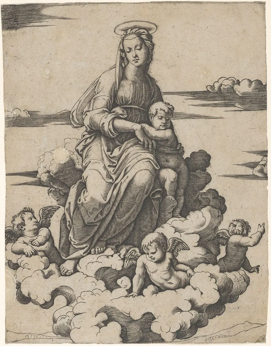 The Virgin and the Christ Child seated on clouds — Marcantonio Raimondi|Raphael (Raffaello Sanzio or Santi)