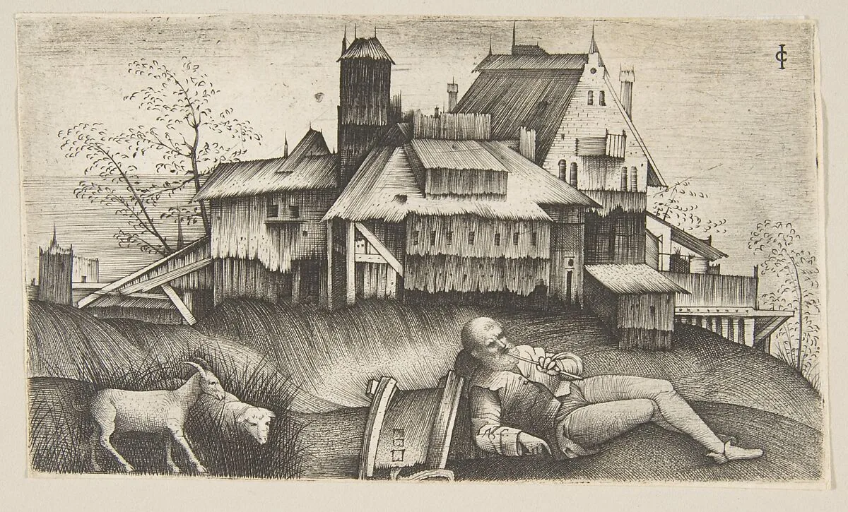 The old shepherd lying in a landscape, buildings behind, a goat and a sheep to the left — Giulio Campagnola