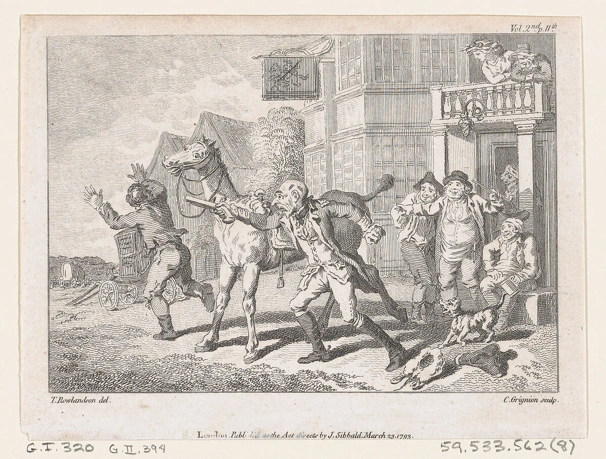 Lismahago Outside The Inn at Durham, an illustration from Tobias Smollett's "The Expedition of Humphry Clinker" (London, 1793), Vol. 1 — Thomas Rowlandson|James Sibbald|Charles Grignion, I