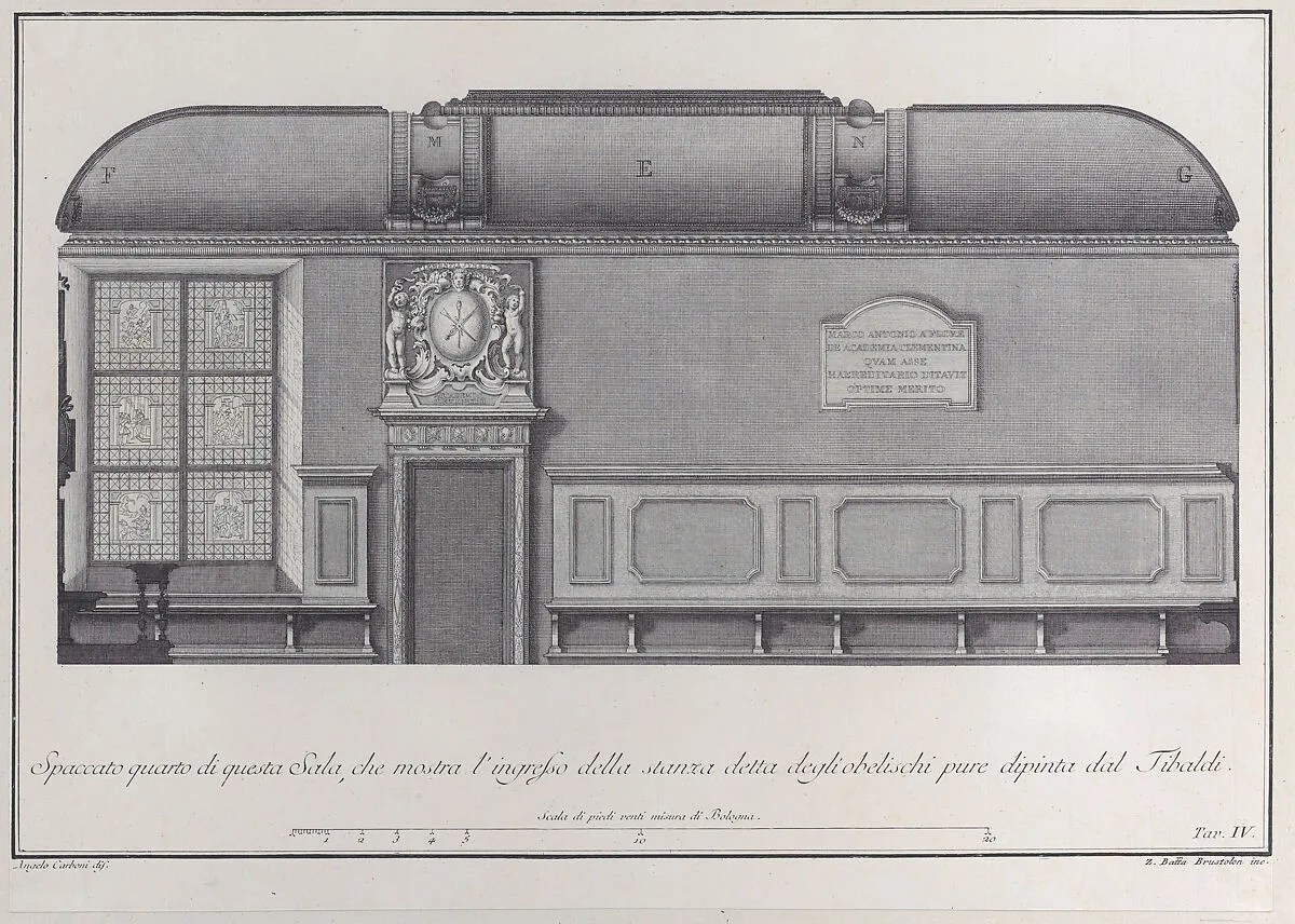 Plate 4: cross-section of the Hall of the Institute of Bologna, with the entrance to the room — Giovanni Battista Brustolon|Angelo Carboni|Giampietro Zanotti