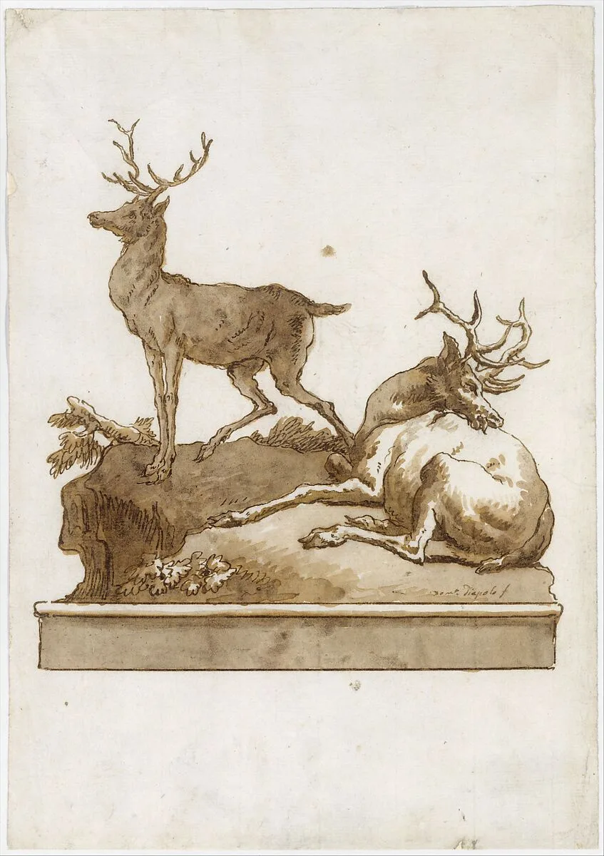 Two Stags, One Standing and One Lying, on a Grassy Knoll (with a Base) — Giovanni Domenico Tiepolo