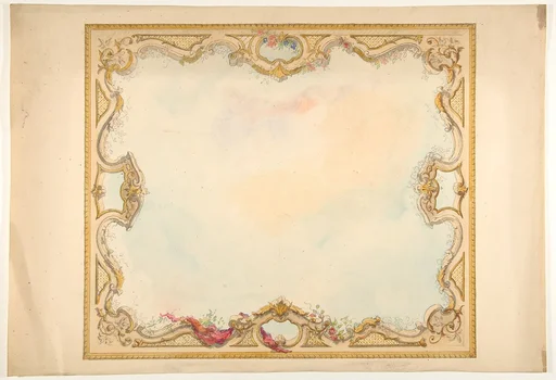 Design for the decoration of aceiling with painted clouds and a pierced border