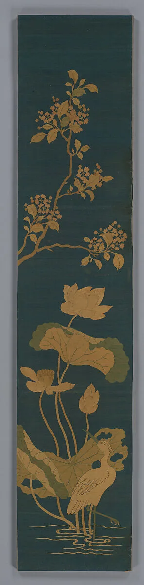 清中期 緙絲蓮鷺圖掛屏|Panel with egret, lotus, and blossoming tree branch — Unknown