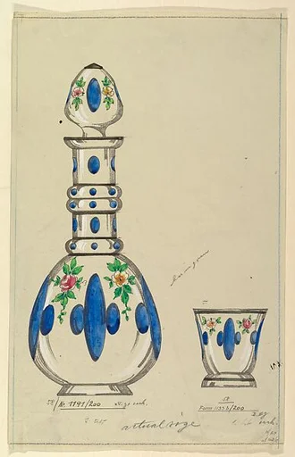 Design for a Glass Bottle and Tumbler with Painted Decorations