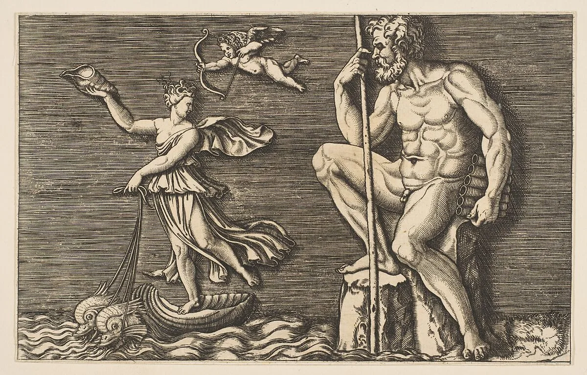 Galatea escaping Polyphemus; he is seated on a rock holding a staff and pipes and looking towards Galatea at right riding a shell pulled by two dolphins, Cupid flying above — Anonymous, Italian, 16th to early 17th century|Marco Dente