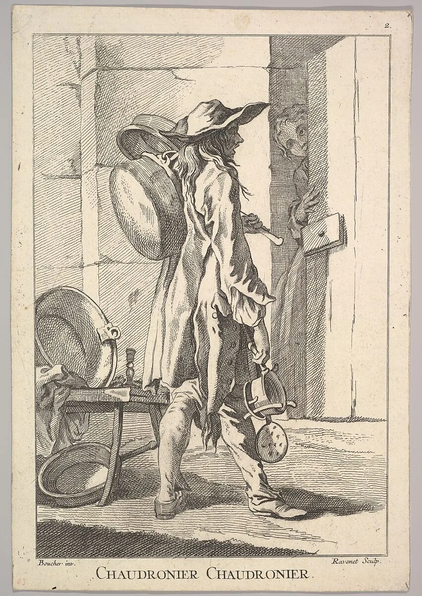Reverse copy of Chaudronier Chaudronier (Boilermaker Boilermaker), from Le Cris de Paris (The Cries of Paris), plate 2 — François Boucher|Simon Francis Ravenet, the elder