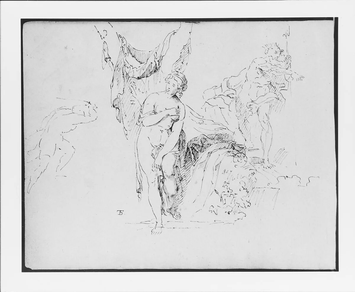 Composition with Bathing Venus Pudica Type; a Triton; a Fleeing Figure (from Sketchbook) — Thomas Sully