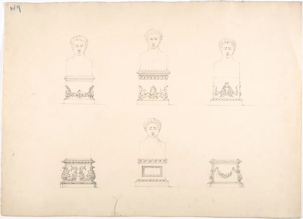 Design for Six Pedestals, Four Supporting Male Portrait Busts — Anonymous, British, 19th century