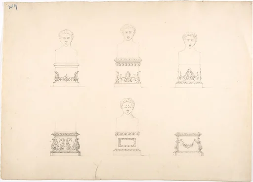 Design for Six Pedestals, Four Supporting Male Portrait Busts