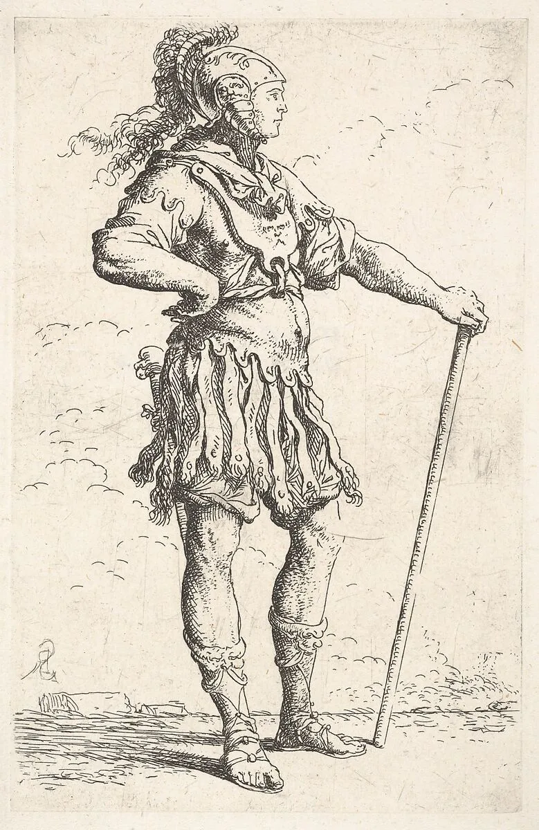 A warrior facing right wearing a plumed helmet and holding a staff, from the series 'Figurine' — Salvator Rosa