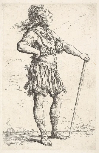 A warrior facing right wearing a plumed helmet and holding a staff, from the series 'Figurine'