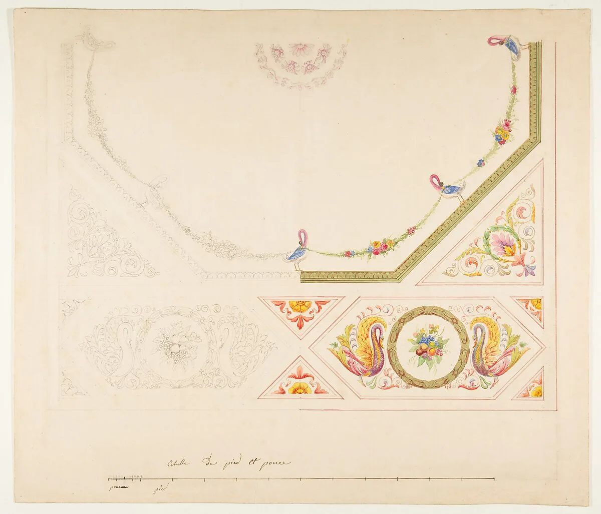 Design for a Ceiling with Swans and Cornucopias — Anonymous, French, 19th century