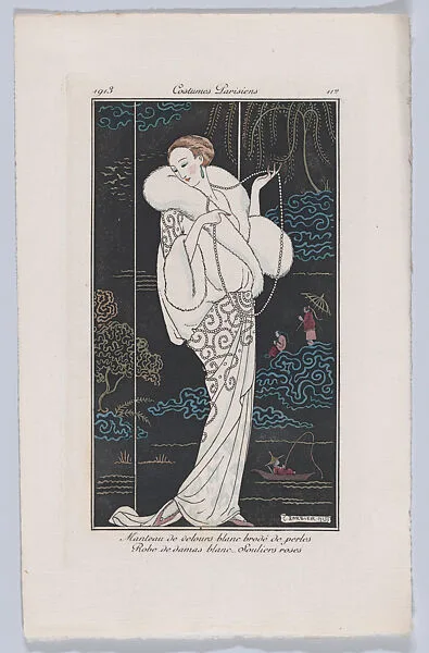 Costumes Parisiens 112: Manteau de velours blanc brodé de perles; Robe de damas blanc – Souliers roses. — Vaugirard|George Barbier