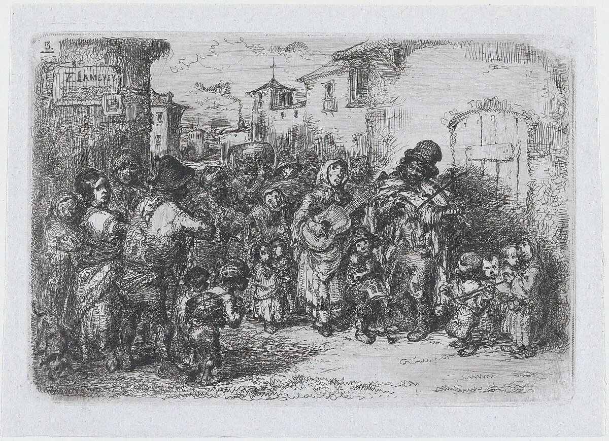 Plate 3: a group street musicians, from the series of customs and pastimes of the Spanish people — Francisco Lameyer y Berenguer