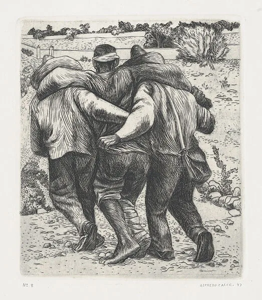 Two men supporting a wounded man, viewed from behind — Alfredo Zalce