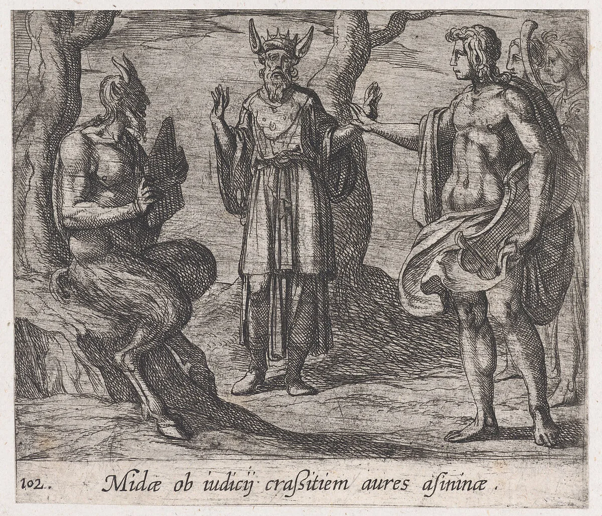 Plate 102: Midas with the Ears of an Ass (Midae ob iudicij craßustiem aures asininae), from Ovid's 'Metamorphoses' — Antonio Tempesta