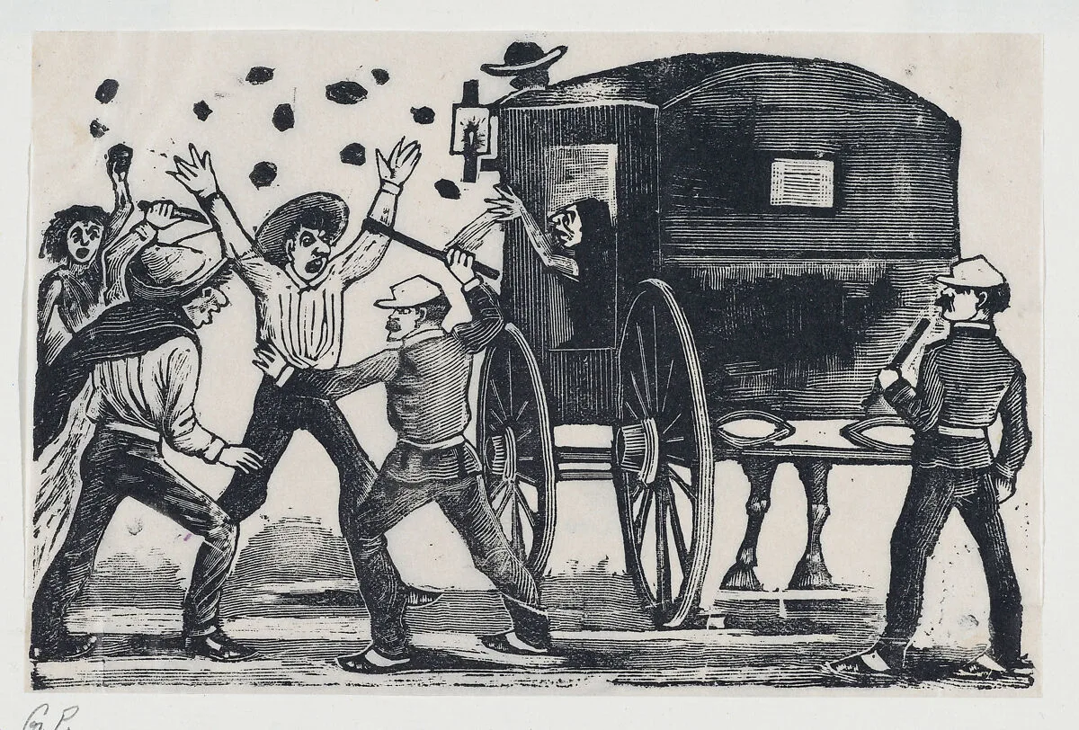Men fighting near a horse and carriage — José Guadalupe Posada