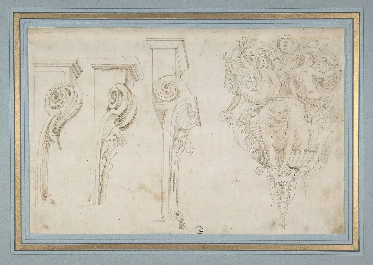 Design for Three Consoles Decorated with Foliage and Volutes and a Console with a Satyr Head Surmounted by Three Human Figures, Garland and Foliage — Agostino (Stanzani) Mitelli