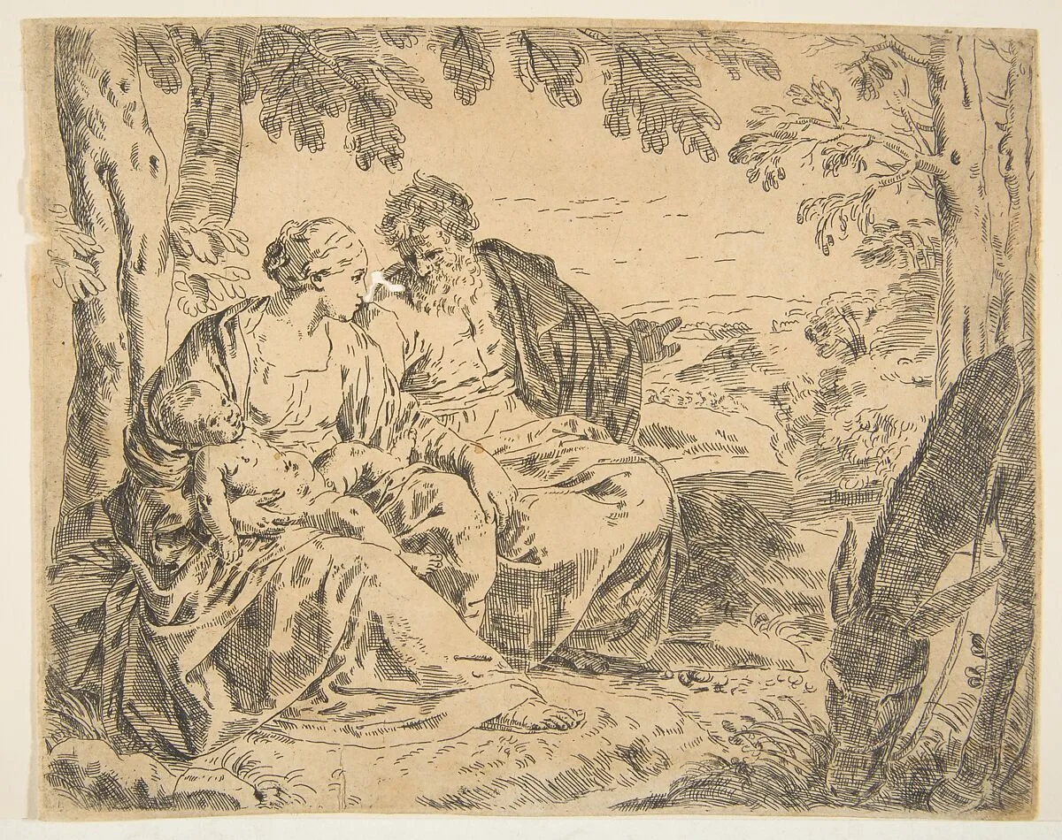 Rest on the flight into Egypt, Mary holding the infant Christ while St. Joseph points into the distance, copy after Cantarini — Simone Cantarini