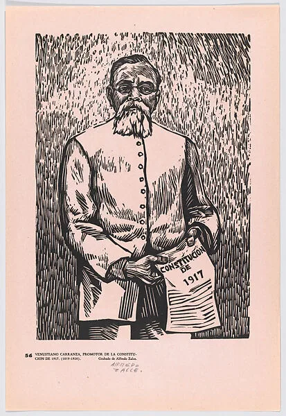 Plate 56: Venustiano Carranza holding a copy of the 1917 constitution, from the portfolio 'Estampas de la revolución Mexicana' (prints of the Mexican Revolution) — Alfredo Zalce|Taller de Gráfica Popular