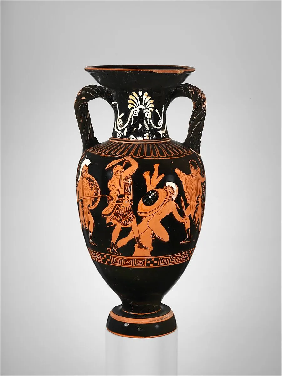 Terracotta neck-amphora (jar) with twisted handles — Suessula Painter