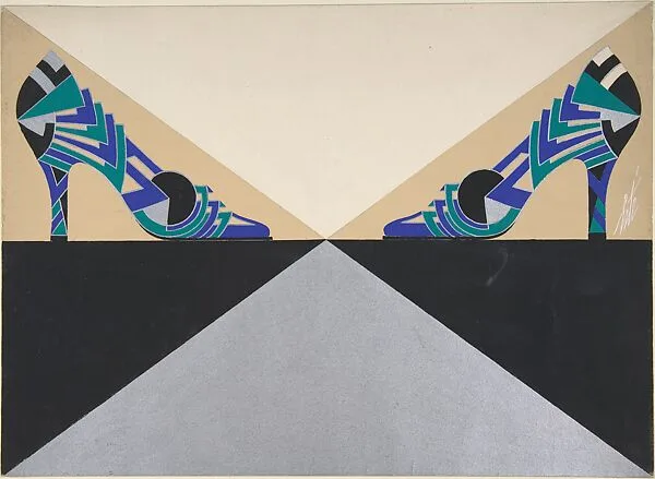 Blue, Green, Black and Silver Geometric-Patterned Pump for Delman's Shoes, New York — Erté (Romain de Tirtoff)