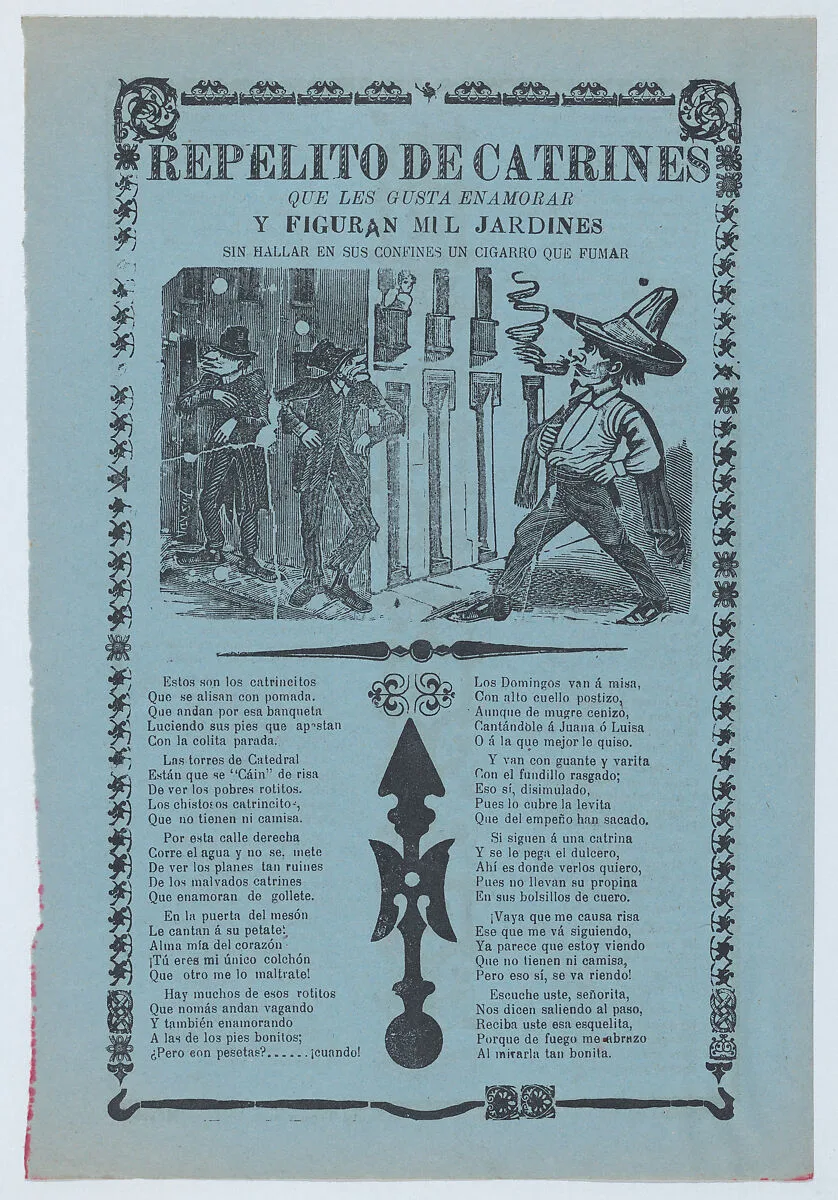 Broadsheet relating to womanizers who are standing on a corner looking up at a woman on a balcony — Antonio Vanegas Arroyo|José Guadalupe Posada