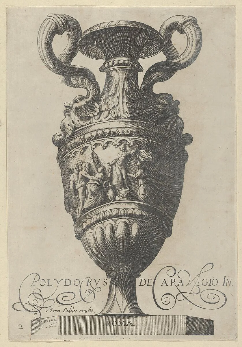 Plate 2: Two-handled vase with a nude figure on a pedestal at center, from "Antique Vases" (‘Vasa a Polydoro Caravagino’) — Cherubino Alberti (Zaccaria Mattia)|Polidoro da Caravaggio|Aegidius Sadeler II|Marcus Sadeler