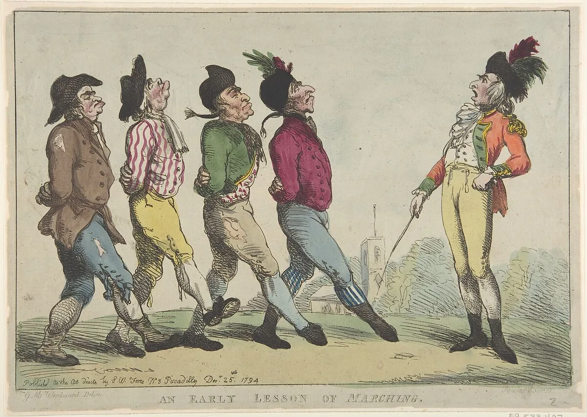 An Early Lesson of Marching — Thomas Rowlandson|S. W. Fores|George Murgatroyd Woodward