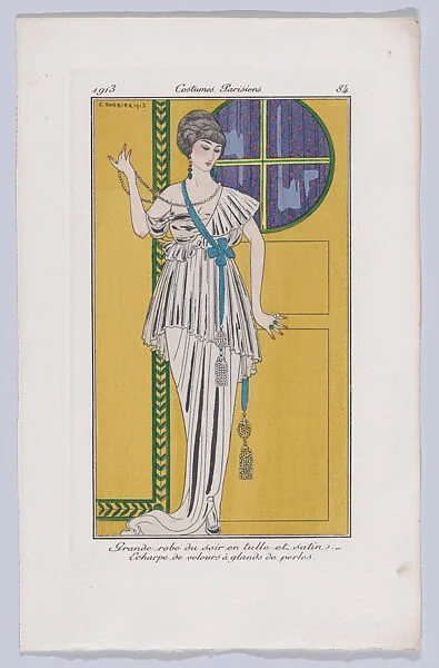 Costumes Parisiens: Grande robe du soir en tulle et satin; Echarpe de velours à glands de perles — Vaugirard|George Barbier