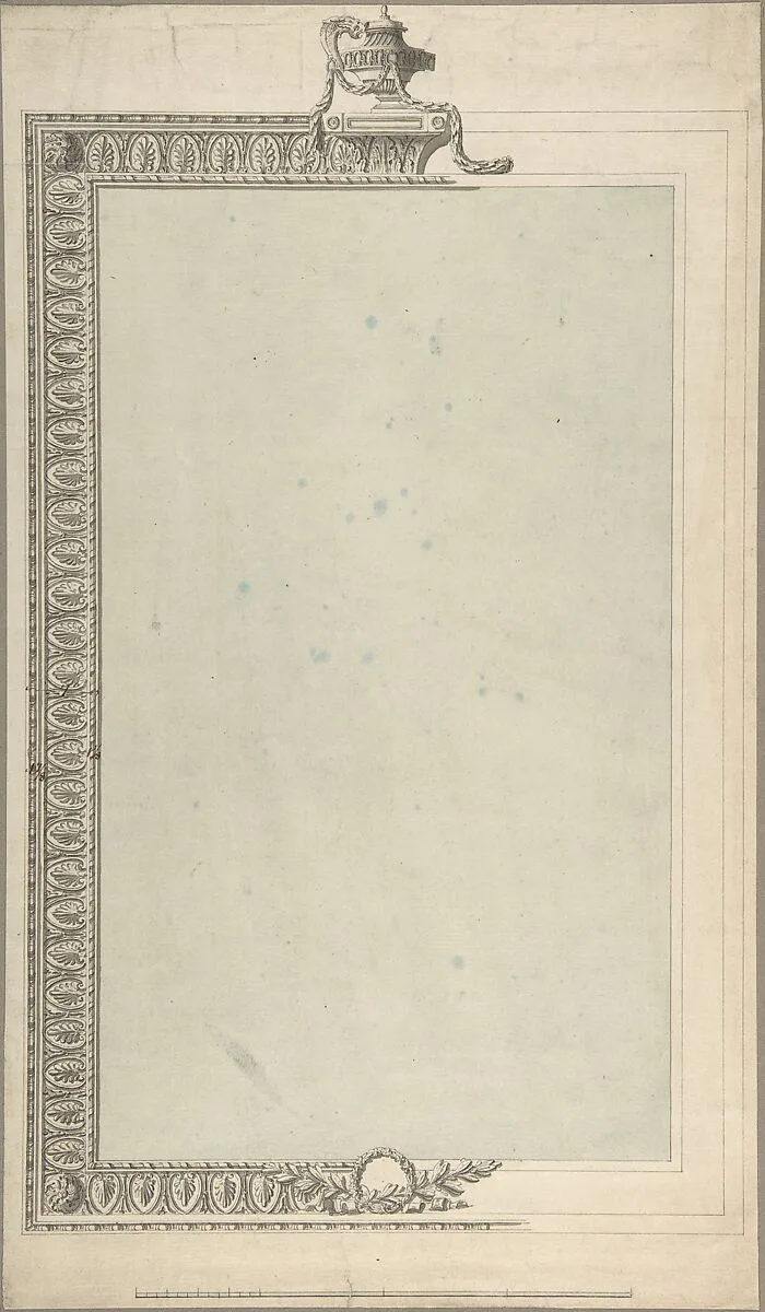 Design for a Pier-glass, of Tall Oblong Form, the Border a Palmette Frieze, the Termination an Urn — Sir William Chambers|John Yenn