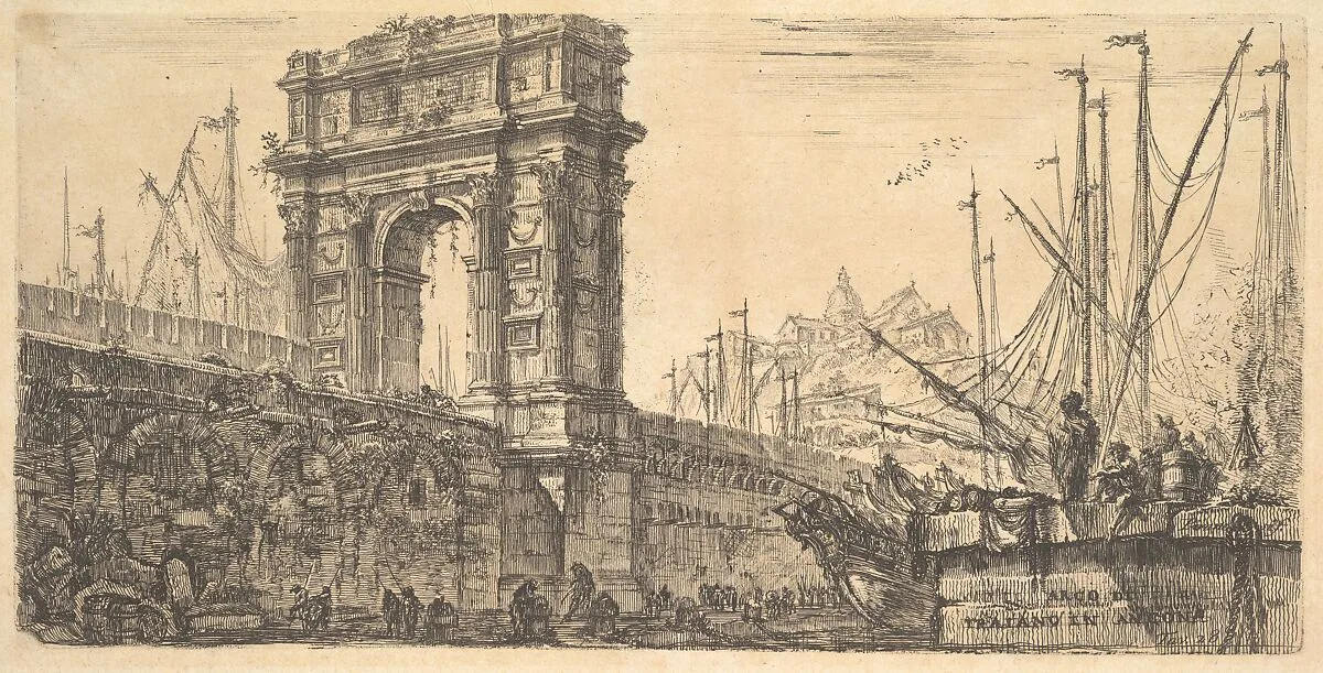 Plate 28: Arch of Trajan in Ancona (Arco di Trajano in Ancona), from "Alcune Vedute di Archi Trionfali ed altri monumenti inalzati da Romani parte di quali se veggono in Roma e parte per l'Italia" (Some Views of Triumphal Arches and other monuments erected by the Romans, some of which are in Rome and some elsewhere in Italy) — Giovanni Battista Piranesi