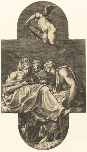 Three Muses and a putto above with a lyre, from a series of eight compositions after Francesco Primaticcio's designs for the ceiling of the Ulysses Gallery (destroyed 1738-39) at Fontainebleau