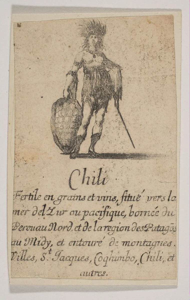 Chile, from the playing cards "Jeu de la Géographie" — Stefano della Bella|Jean Desmarets de Saint-Sorlin|Henri Le Gras|Louis XIV, King of France|Cardinal Jules Mazarin