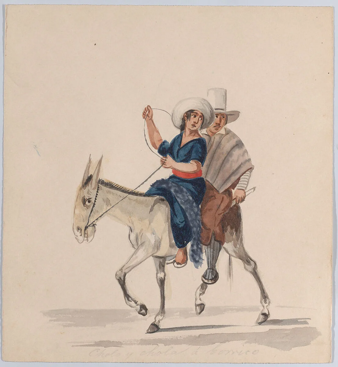 An indigenous man and woman together riding a donkey; from a group of drawings depicting Peruvian dress — Francisco (Pancho) Fierro