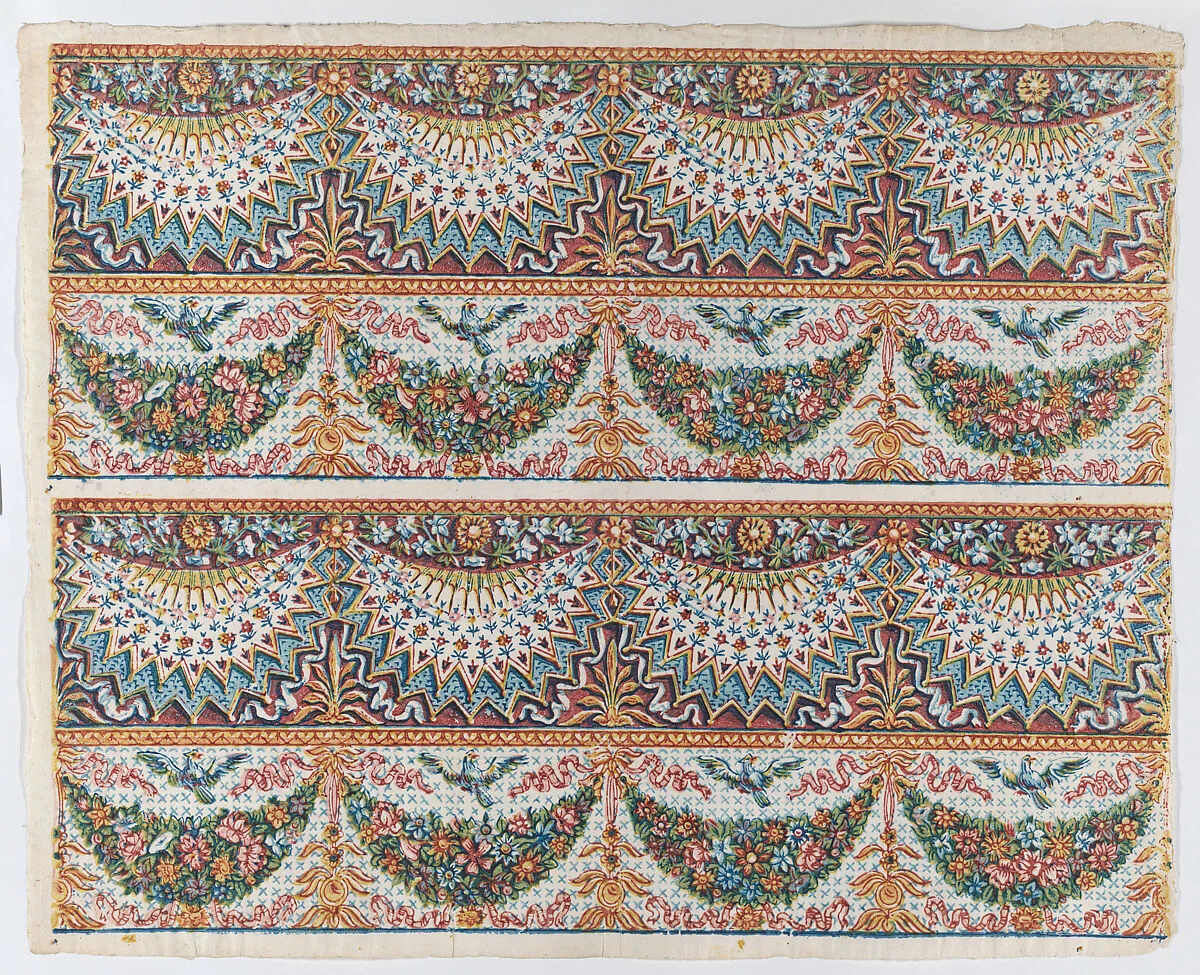 Sheet with a two borders with four hanging draperies,multicolor festoons, and birds — Remondini Family|Anonymous