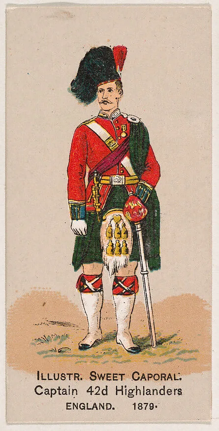 Captain, 42nd Highlanders, England, 1879, from the Military Series (N224) issued by Kinney Tobacco Company to promote Sweet Caporal Cigarettes — Kinney Brothers Tobacco Company