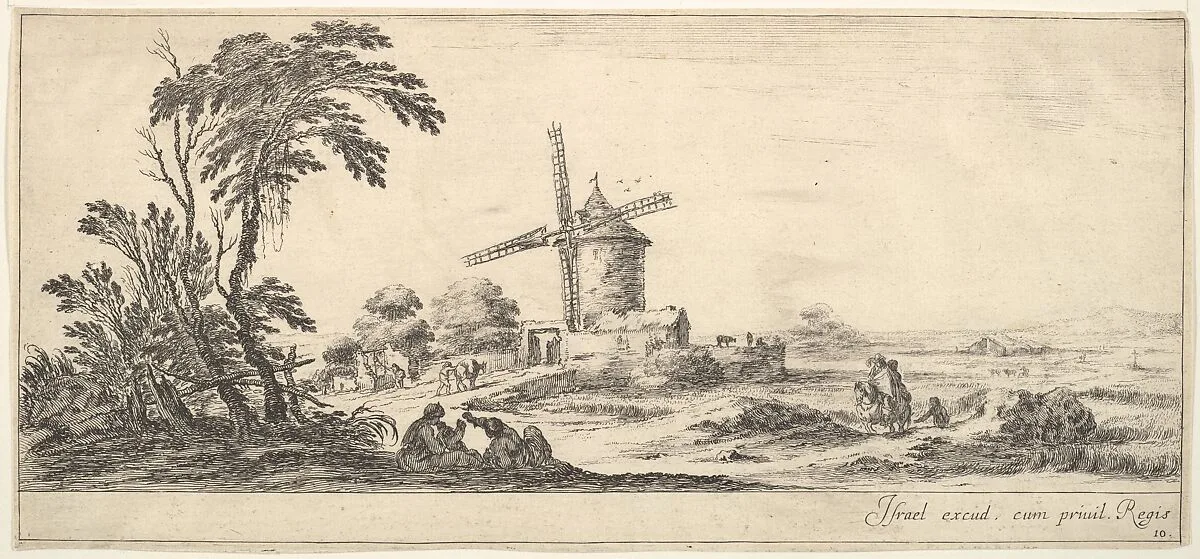 Plate 10: a family in center foreground, various figures and horses in middleground, a windmill in center background, from 'Various landscapes' (Divers paysages) — Stefano della Bella|Israël Henriet