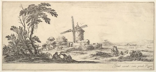 Plate 10: a family in center foreground, various figures and horses in middleground, a windmill in center background, from 'Various landscapes' (Divers paysages)