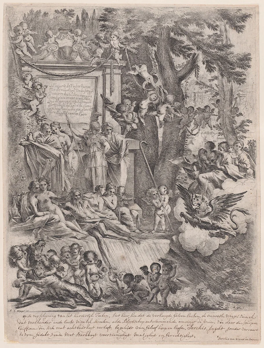 An allegory in honor of the arrival of Cardinal Franciotti as Bishop of Lucca — Pietro Testa|Frans van den Wyngaerde