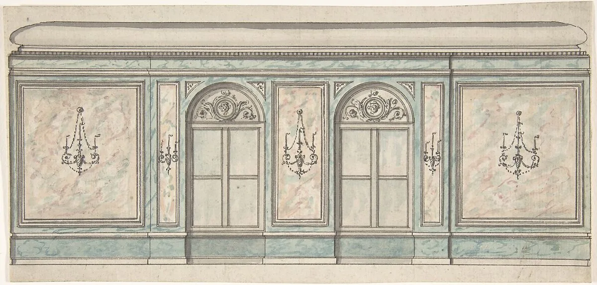 Elevation of a Wall with Two Windows and Five Wall Lights — Anonymous, British, 19th century