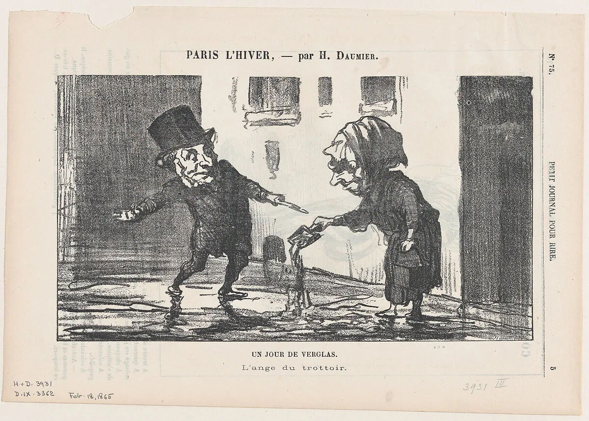 A day of black ice, the angel of the sidewalk, from 'Paris in winter,' published in Le Petit Journal pour Rire, February 18, 1865 — Honoré Daumier
