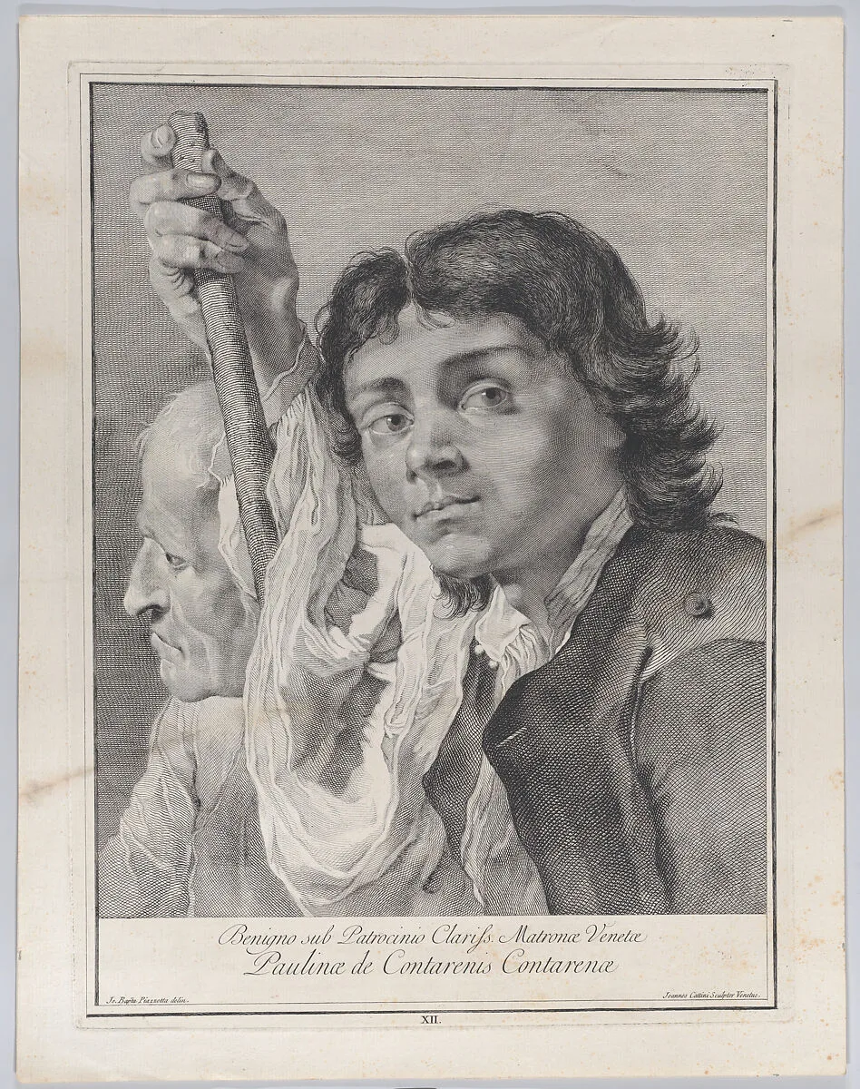 Plate 12: A young man leaning on a staff looking outward, with an old man behind to his right; from 'Icones ad vivum expressae' after Giovanni Battista Piazzetta — Giovanni Cattini|Giovanni Battista Piazzetta