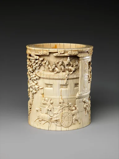 清  象牙雕擲果盈車圖筆筒|Brush holder with the story of Pan An