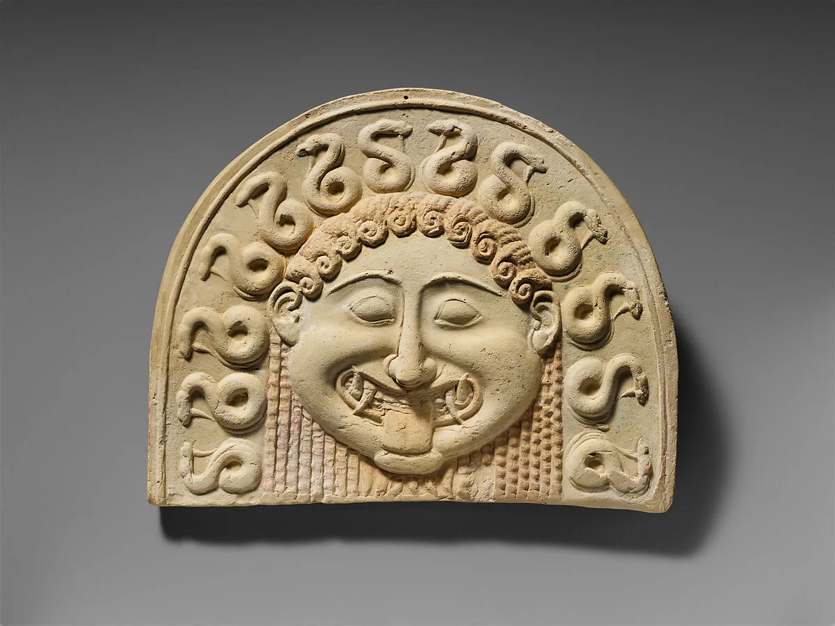 Terracotta painted gorgoneion antefix (roof tile) — Unknown