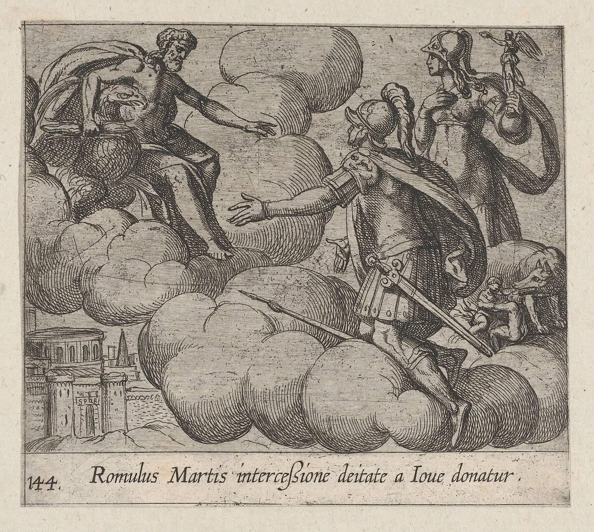 Plate 144: The Immortalization of Romulus (Romulus Martis interceßione deitate a Ioue domatur), from Ovid's 'Metamorphoses' — Antonio Tempesta