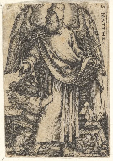 Plate 1: Saint Matthew with his head turned in profile to the left, a cherub at bottom left, from 'The four evangelists'
