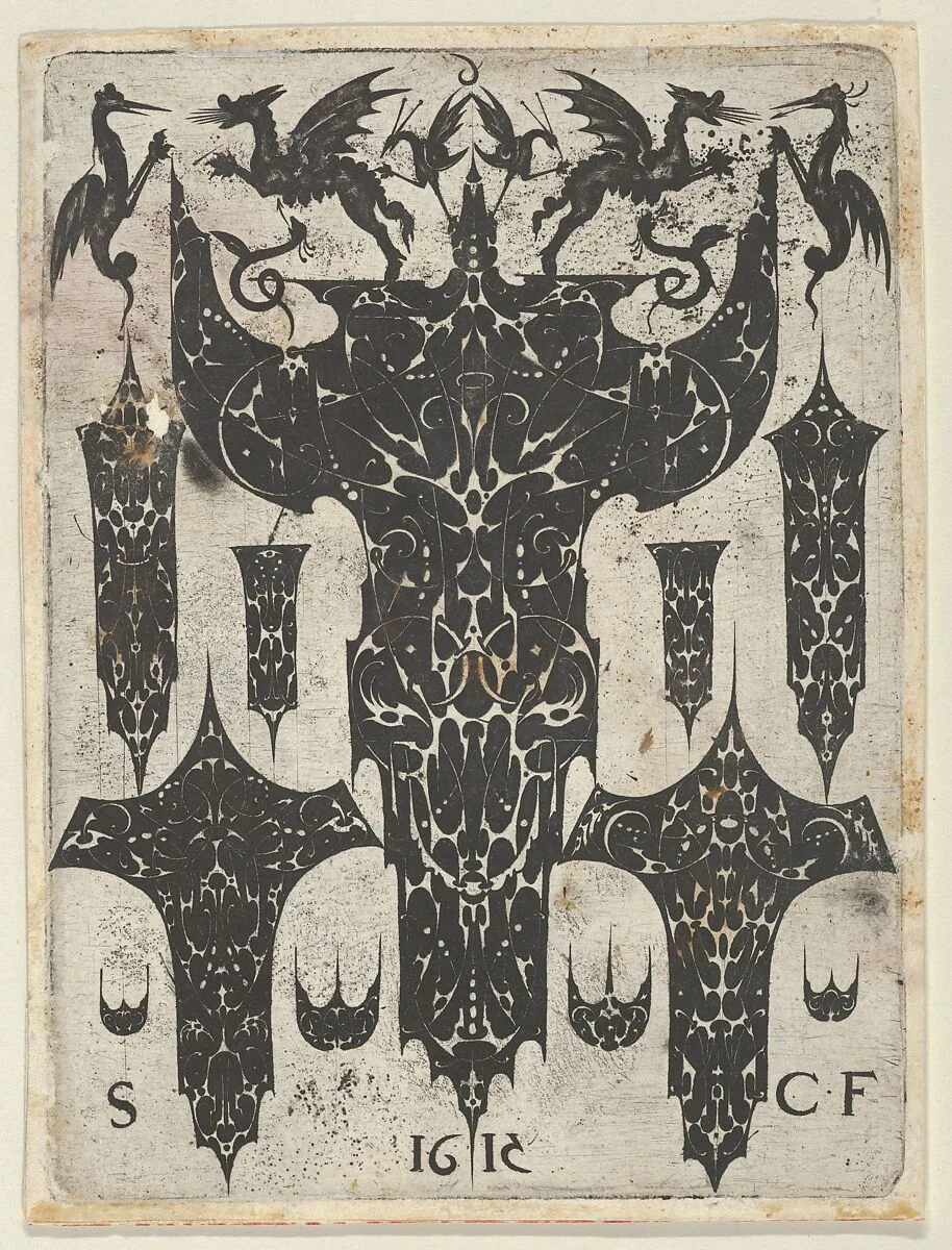 Blackwork Print with Grotesques Fighting on Top of a Large Motif Surrounded by Ten Smaller Motifs, from a Series of Blackwork Prints for Goldsmiths' Work — Etienne Carteron