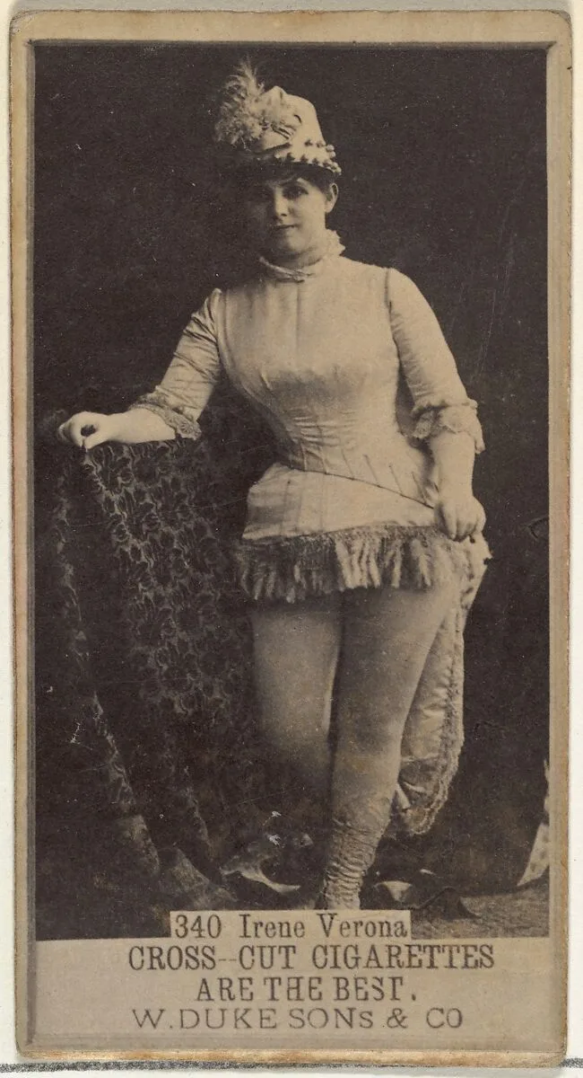 Card Number 340, Irene Verona, from the Actors and Actresses series (N145-3) issued by Duke Sons & Co. to promote Cross Cut Cigarettes — W. Duke, Sons & Co.
